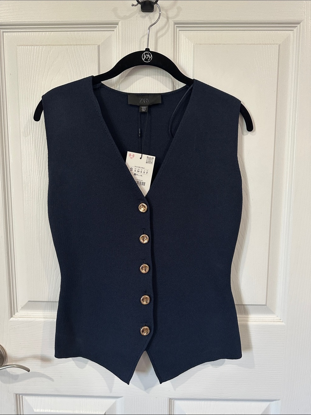 Zara Navy Sleeveless V-Neck Button Tank with Gold Buttons
